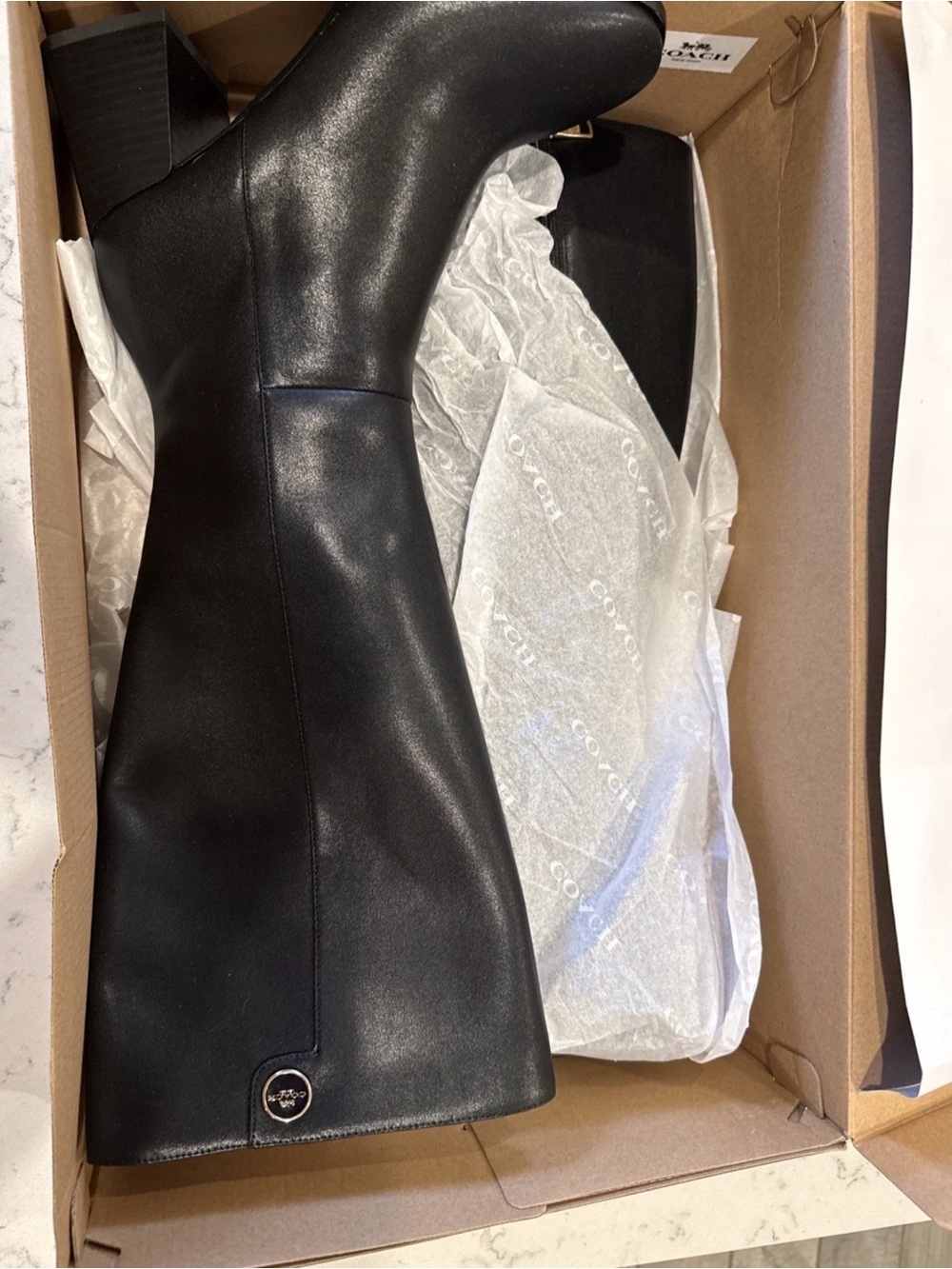 Coach Black Leather Tall Block-Heel Boots - Picture 11 of 13